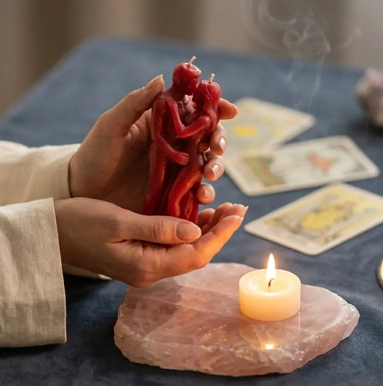 Manos sosteniendo una figura de pareja roja para un ritual de amarres de amor en Cali sobre cartas de tarot y vela encendida