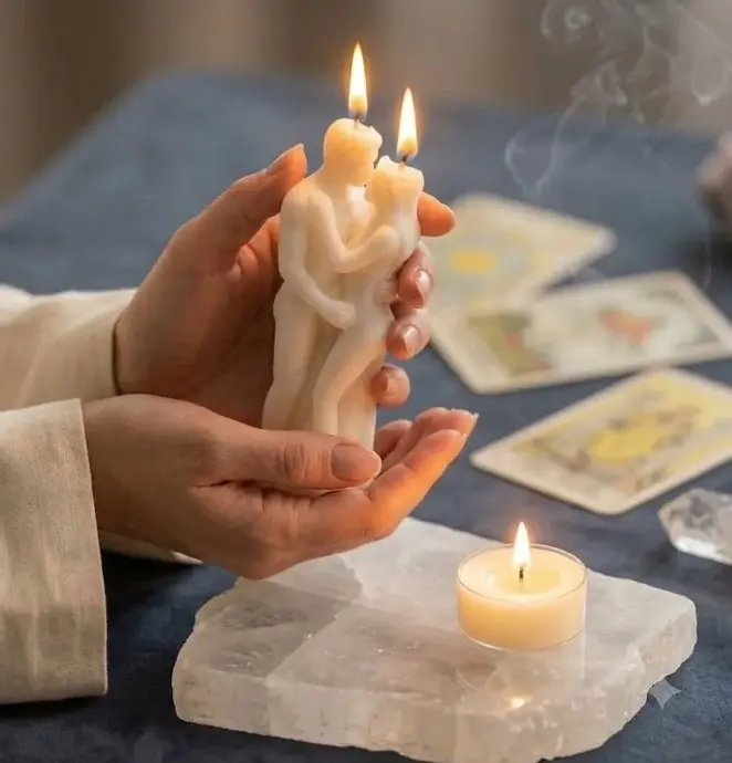 Manos sosteniendo una vela blanca encendida en forma de pareja para un ritual de amarres de amor con magia blanca en Cali