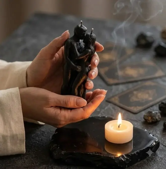 Manos realizando un ritual de amarre de amor con vela negra en forma de pareja sobre base de obsidiana en Cali